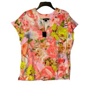 Renuar Womens Linen Blend Floral Watercolor Top‎ Medium V Neck Blouse NWT
